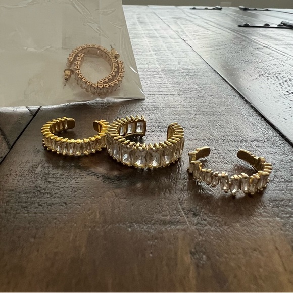 Rhinestone Clear Gold Adjustable Rings (3) & Matching Hoop Earrings - Picture 2 of 9